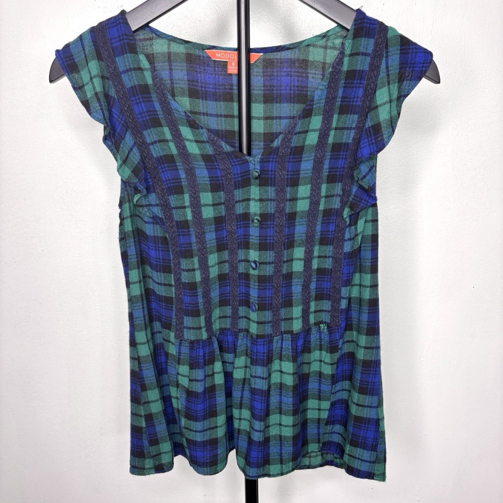 ModCloth Tartan Top Womens Small Blue Green Plaid Babydoll Boho Cottagecore